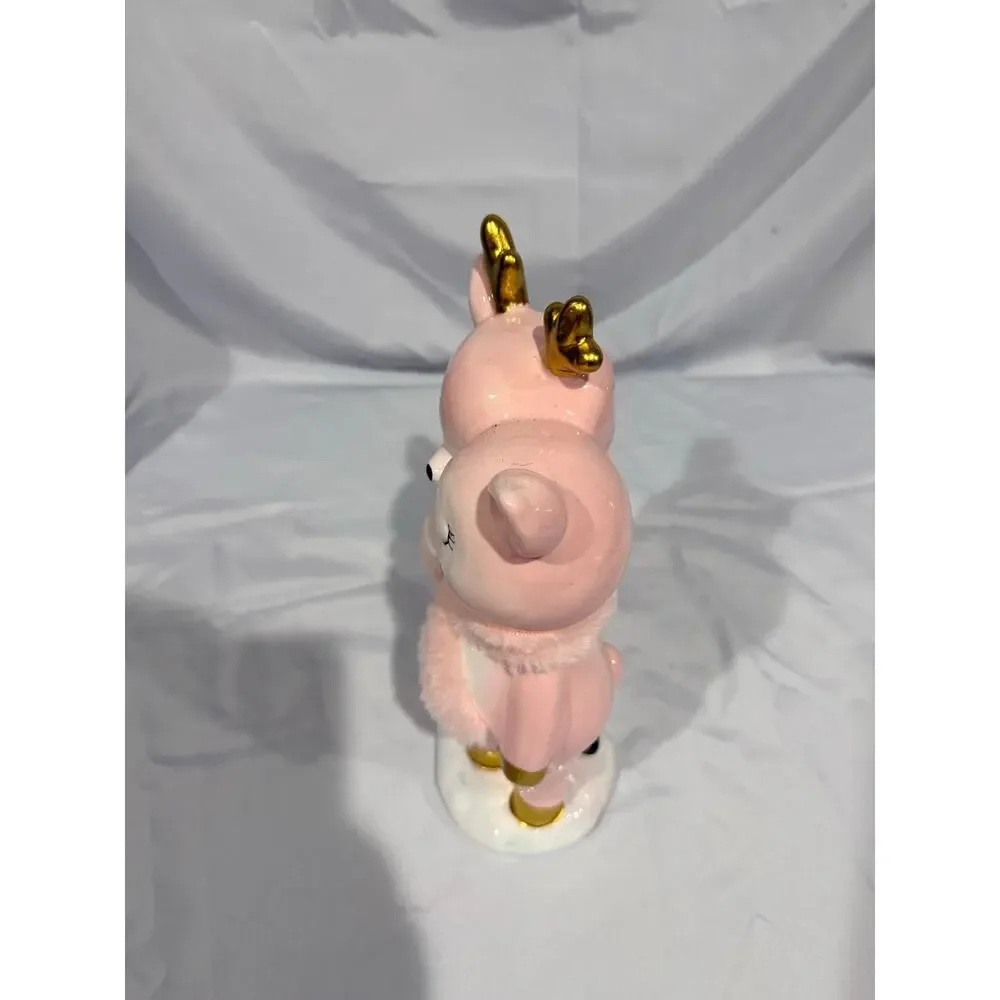 Bella Lux 11” Pink Reindeer Ceramic Figurine Christmas Decor Antlers Faux Fur